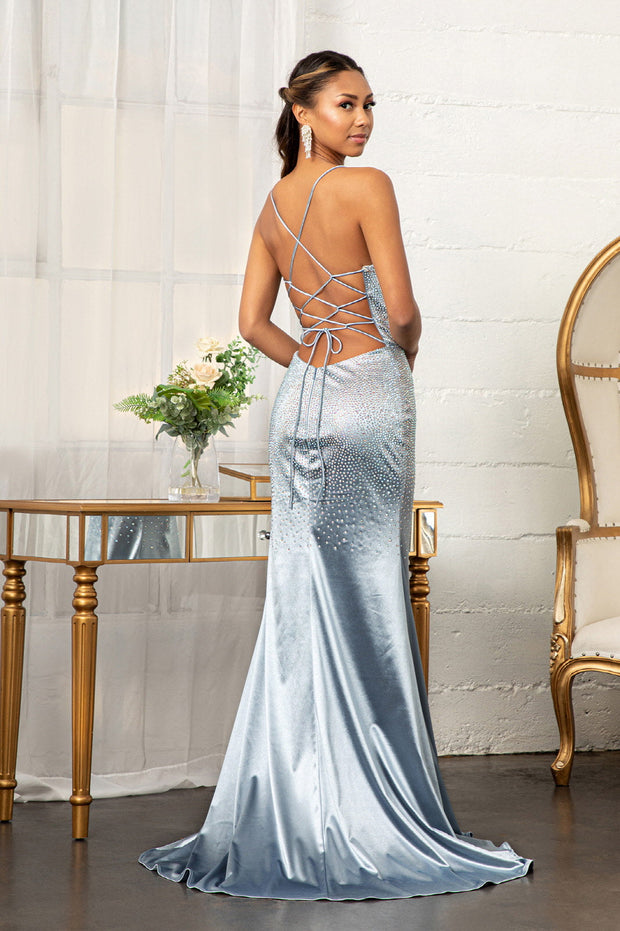 Blue Silk-like Satin Mermaid V-neck Side-Draped Prom Dress Sweep Train –  Promnova